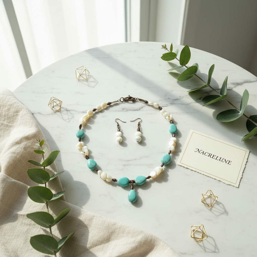 parure en perles pastilles de nacre et perles en turquoise nacrelune.com parure