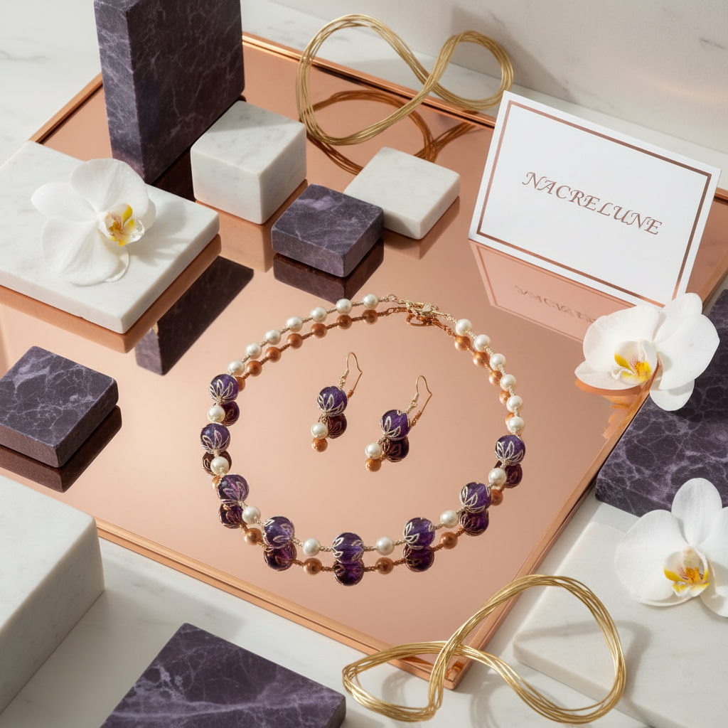 parure perles de nacre et améthystes véritables polies nacrelune.com parure