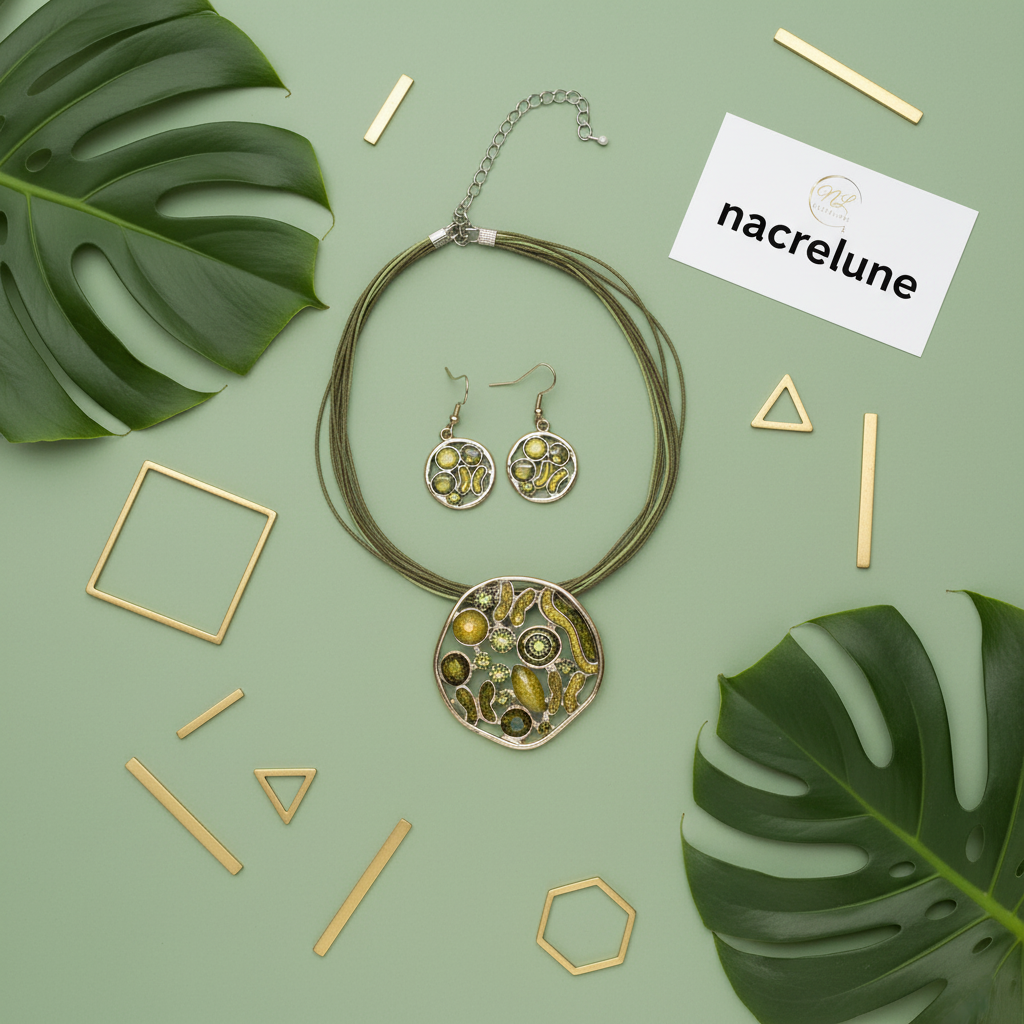 Pendentif en émail et strass avec boucles assorties vertes nacrelune.com parure