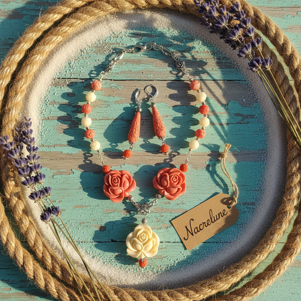 Flat lay parure corail bois turquoise NACRELUNE