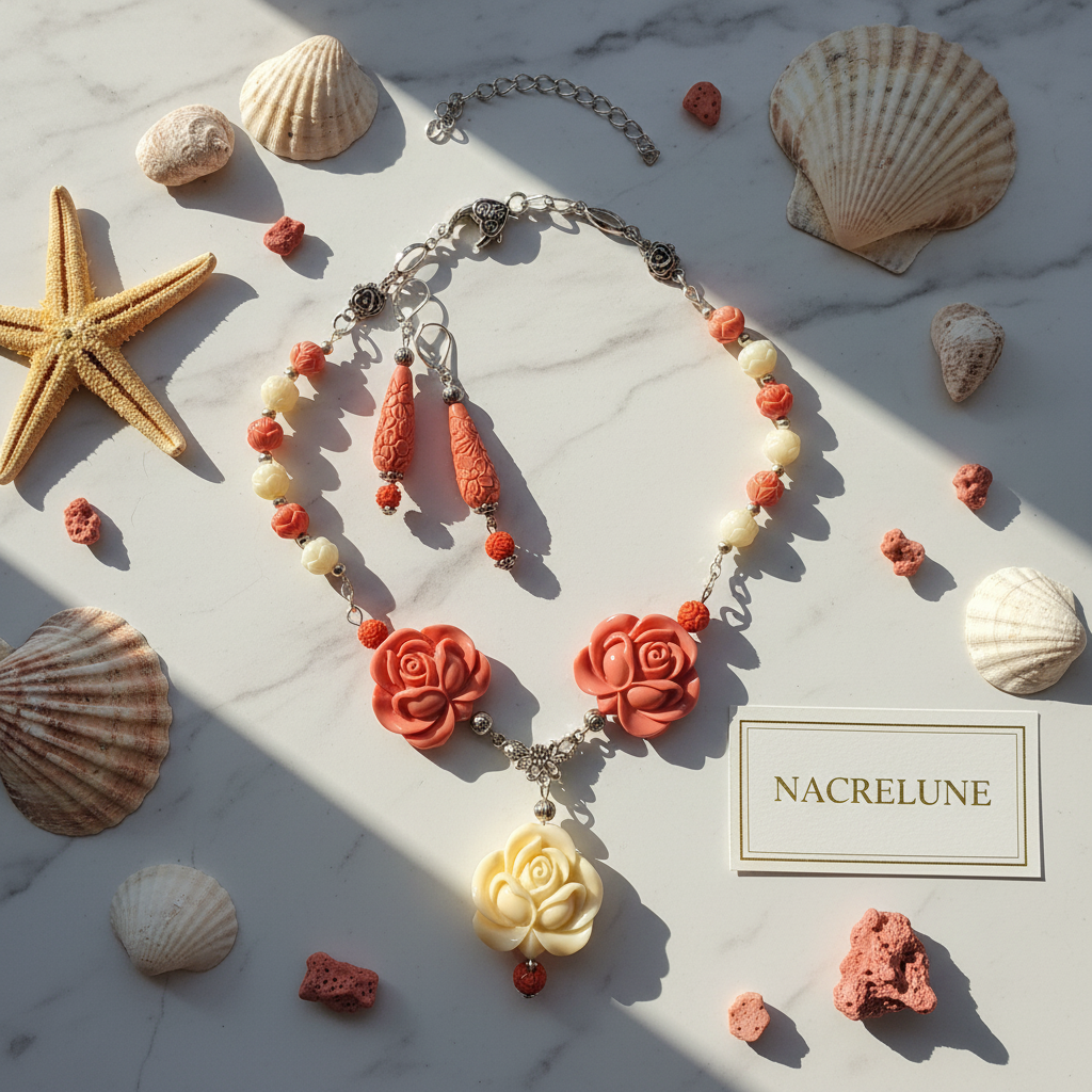 Flat lay parure corail coquillages NACRELUNE