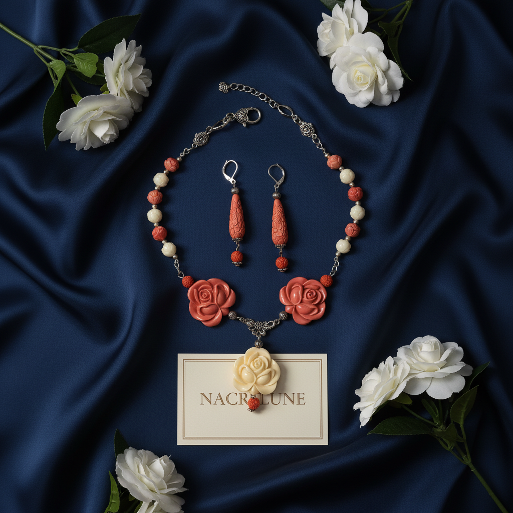 Flat lay parure corail soie marine NACRELUNE