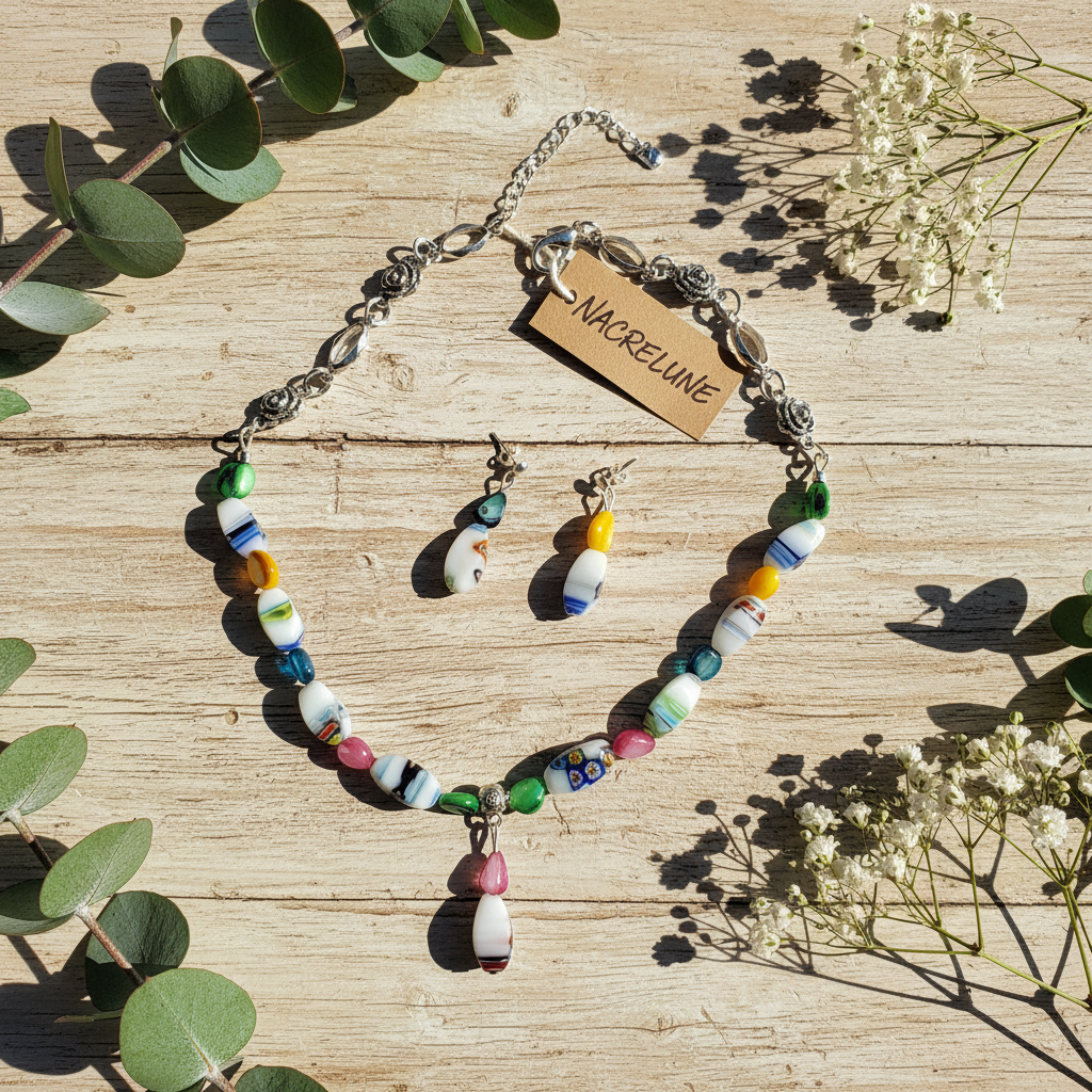 Flat lay parure verre bois NACRELUNE