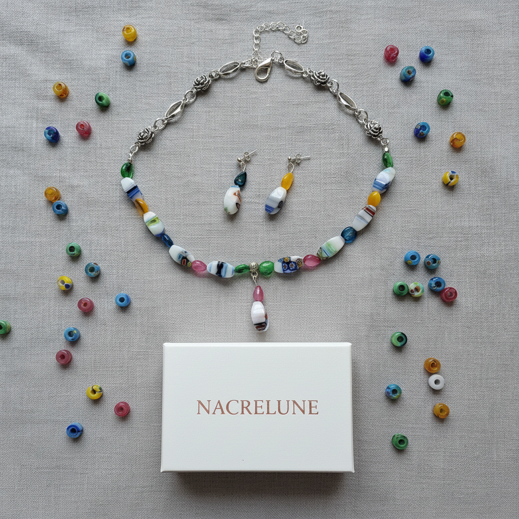 Parure Perles de Verre Colorées - Collier et Boucles d'Oreilles nacrelune.com parure