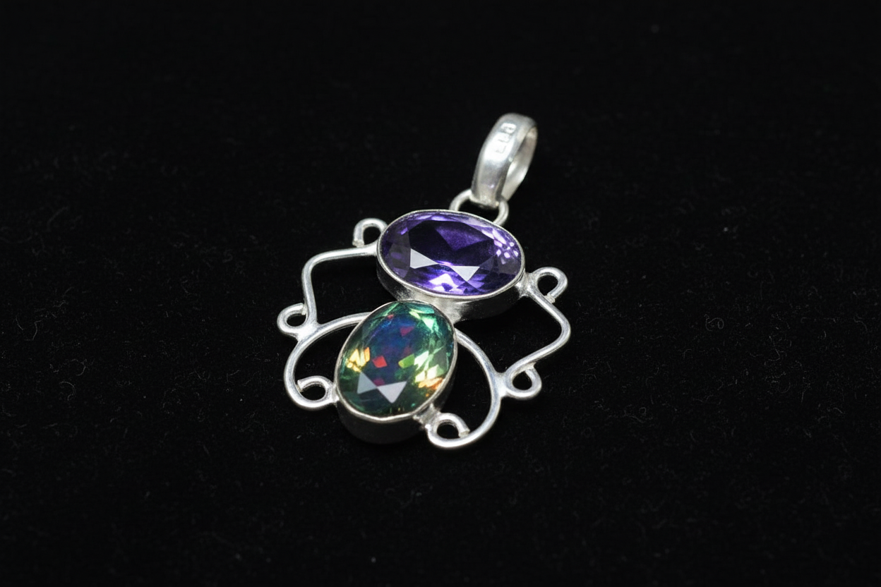 Pendentif en argent avec améthyste et topaze mystique taillées nacrelune.com pendentif