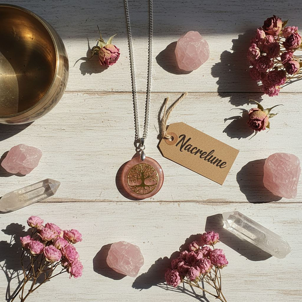 Flat lay pendentif quartz rose bois lithothérapie NACRELUNE