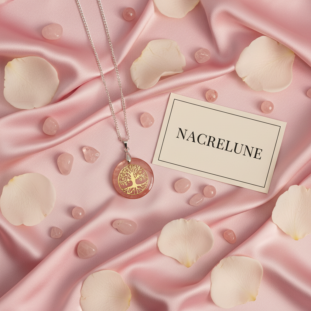 Flat lay pendentif quartz rose soie rose NACRELUNE