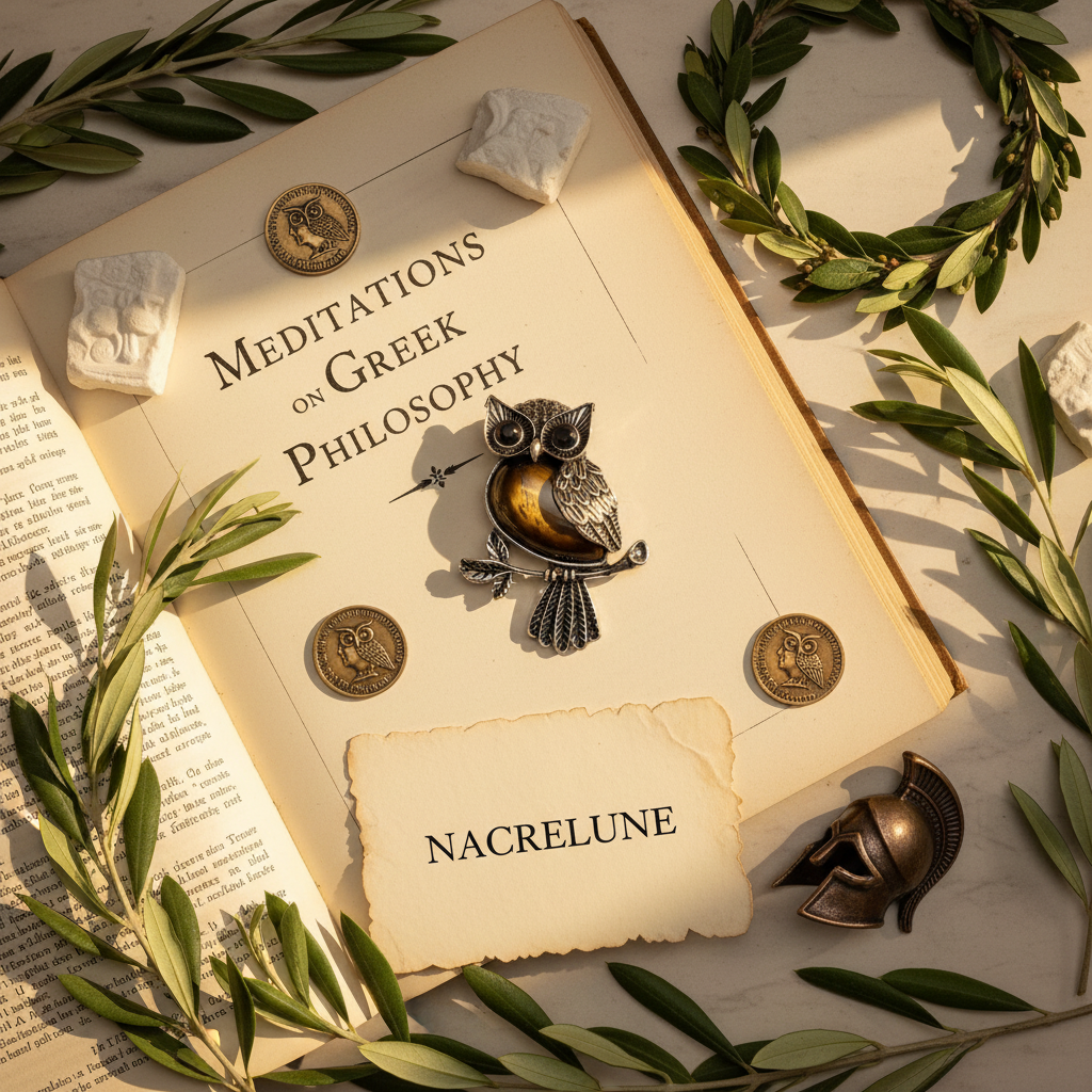 Flat lay philosophie grecque pendentif chouette NACRELUNE