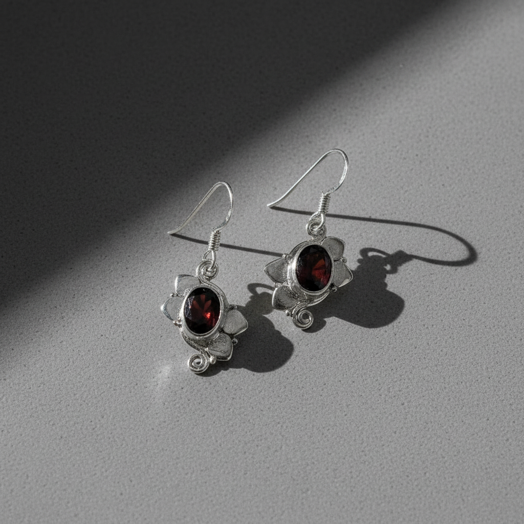 Boucles d’oreille en argent avec grenats nacrelune.com boucles d'oreille