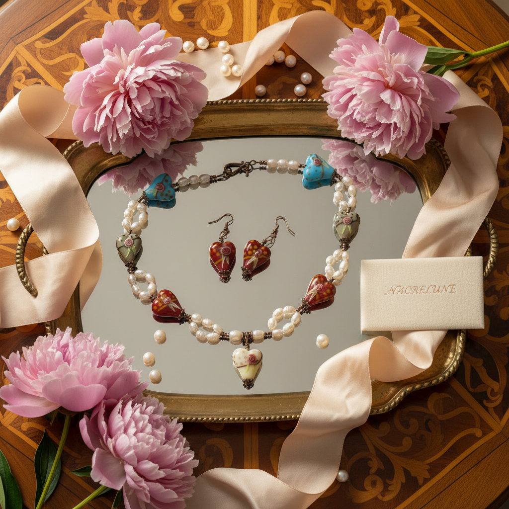 parure en perles de culture et coeurs en verre décoré nacrelune.com parure