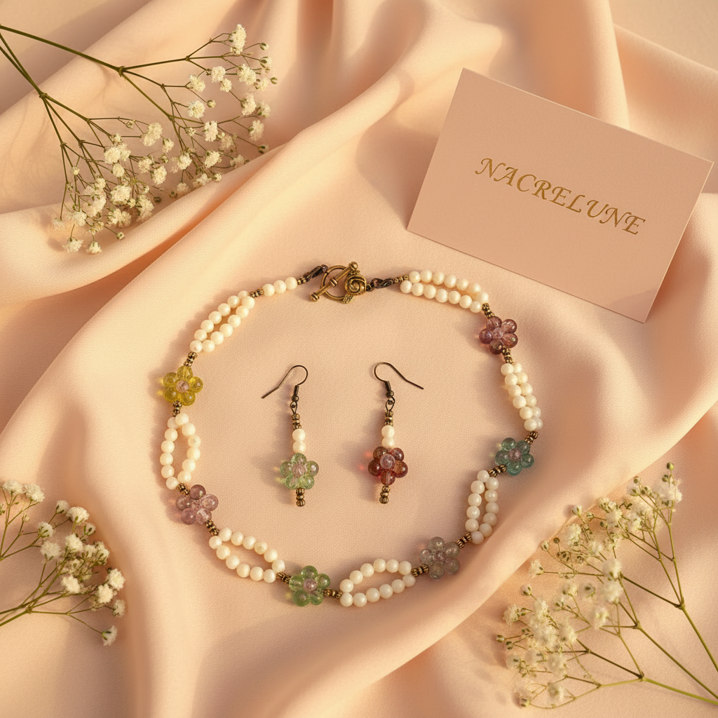 Parure en perles de nacre avec fleurs de verre nacrelune.com parure