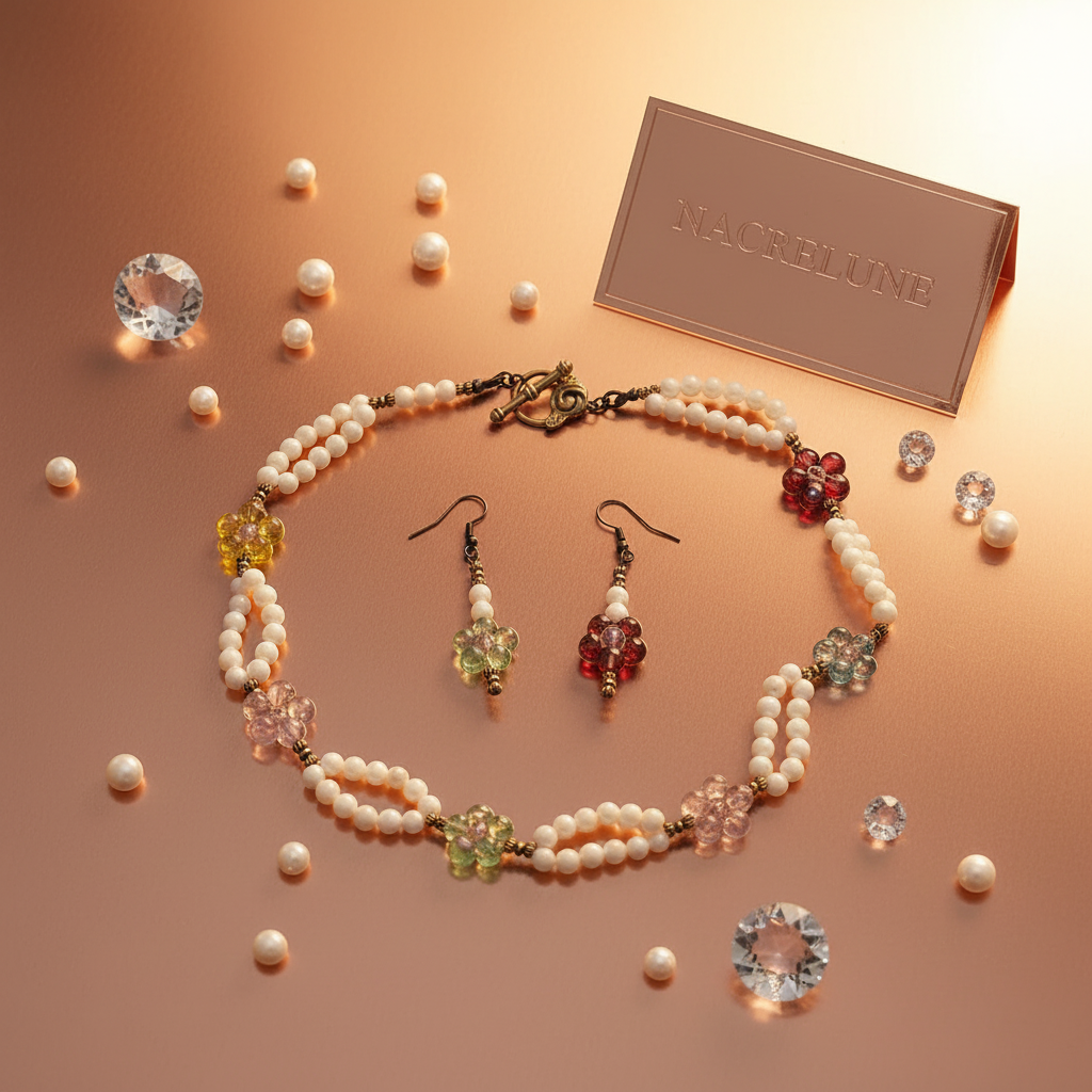 Parure en perles de nacre avec fleurs de verre nacrelune.com parure