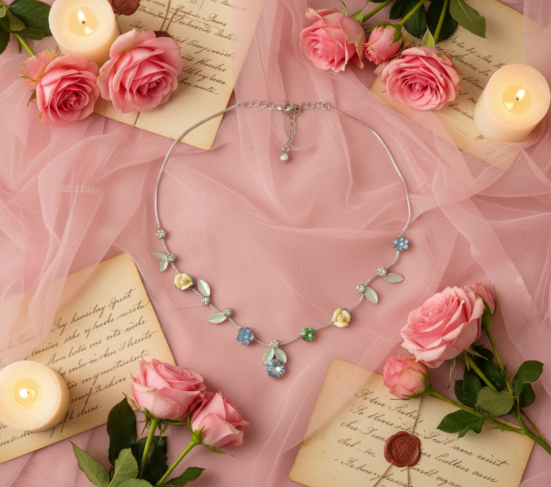 Collier avec strass et fleurs porcelaine nacrelune.com collier