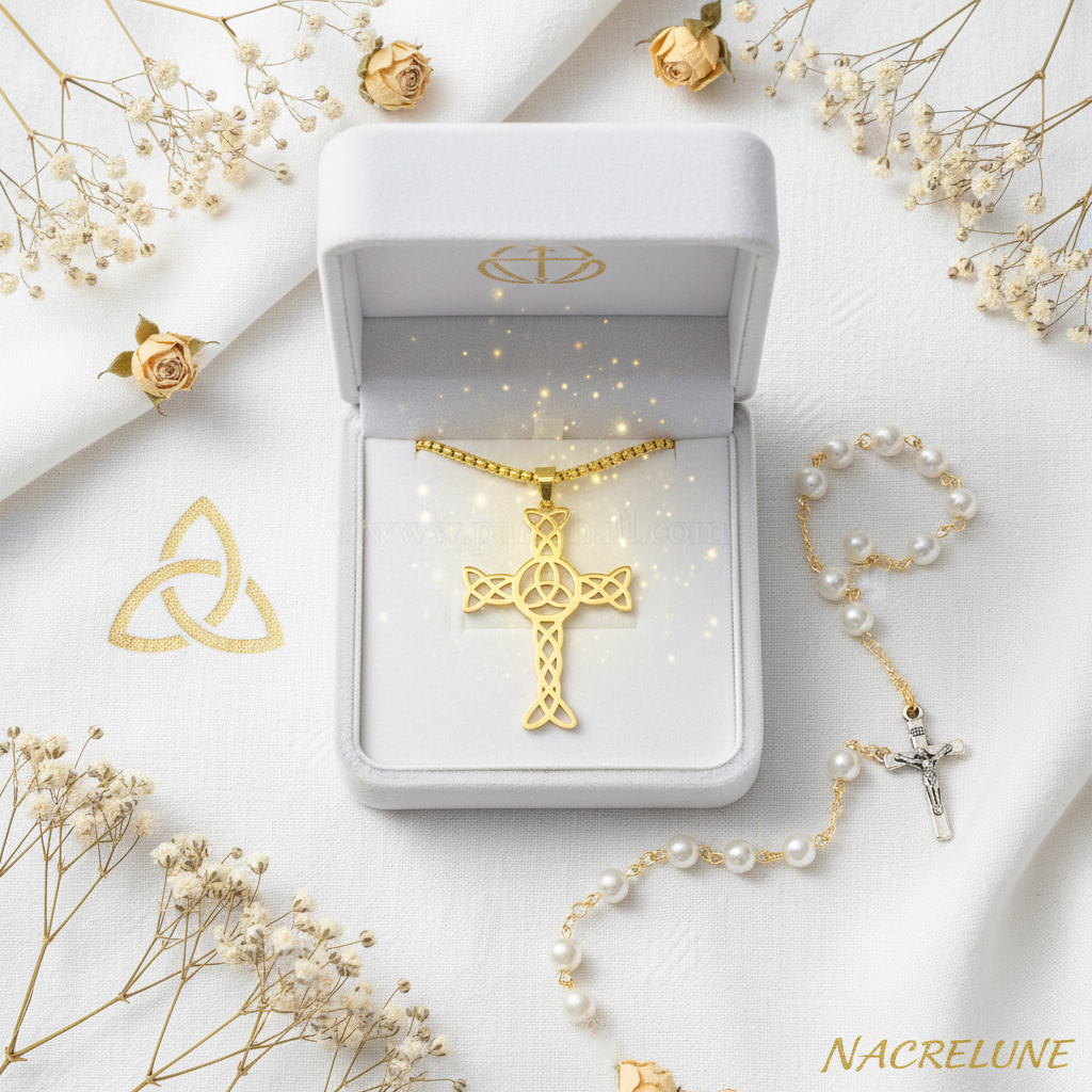 Pendentif Croix Celtique Triquetra & Chaîne en Plaqué Or | NACRELUNE nacrelune.com pendentif