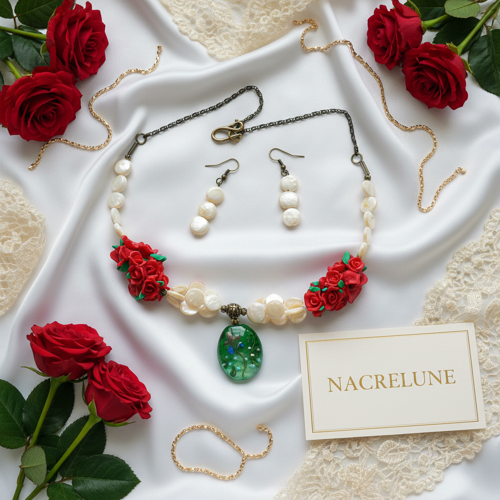 parure en perles pastilles de nacre, petites roses rouges en fimo et grande perle en verre décoré nacrelune.com parure