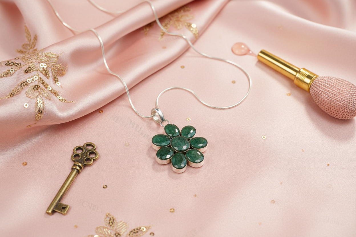 pendentif argent 925 avec émeraudes facettées NACRELUNE pendentif