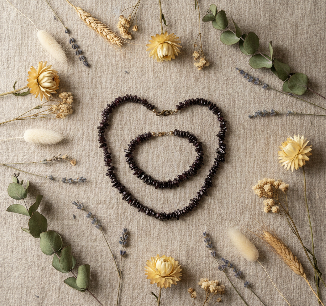 Parure avec collier et bracelet en grenats polis naturels NACRELUNE parure