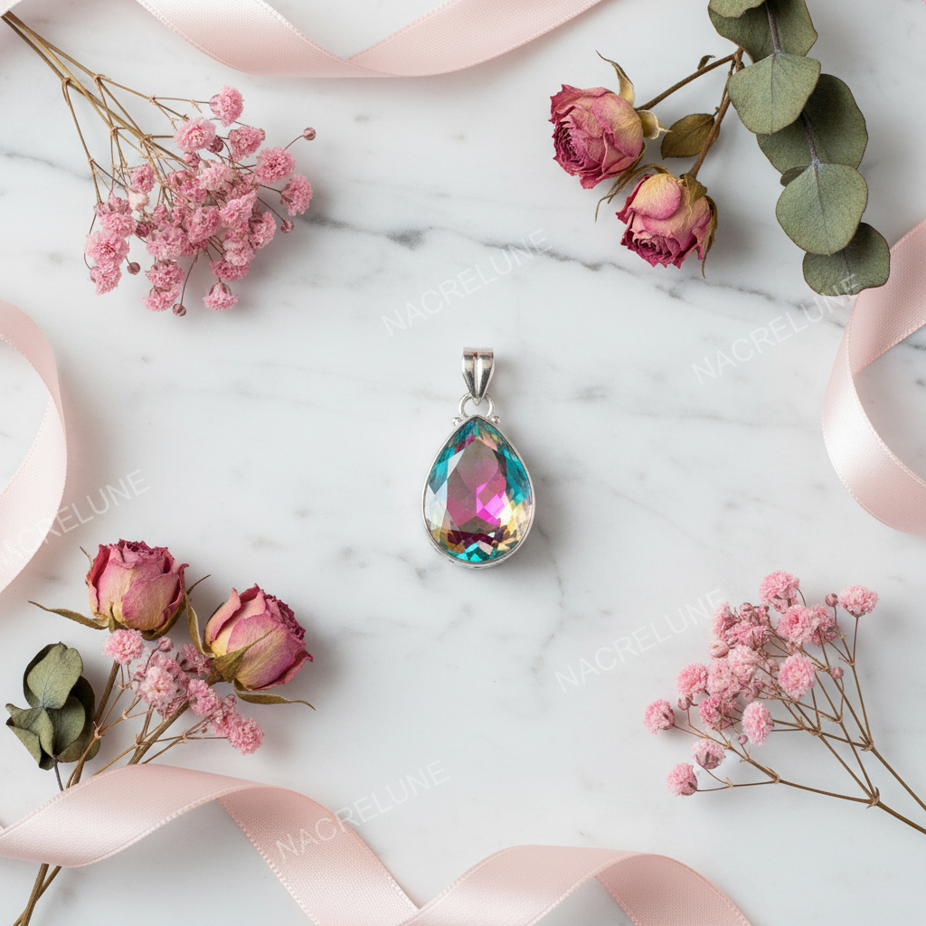 Pendentif en argent 925 avec topaze couleur mystique en forme goutte nacrelune.com pendentif