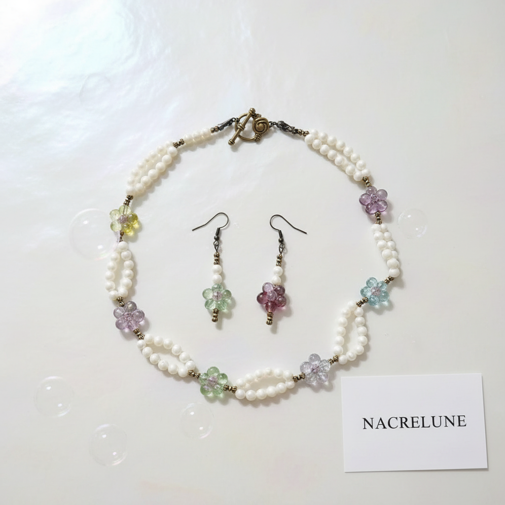 Parure en perles de nacre avec fleurs de verre nacrelune.com parure