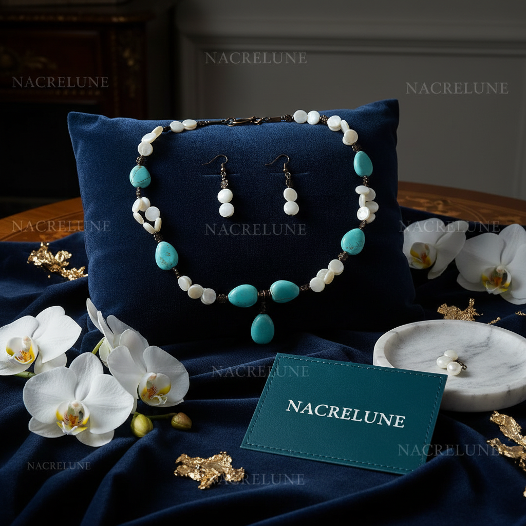 parure en perles pastilles de nacre et perles en turquoise nacrelune.com parure