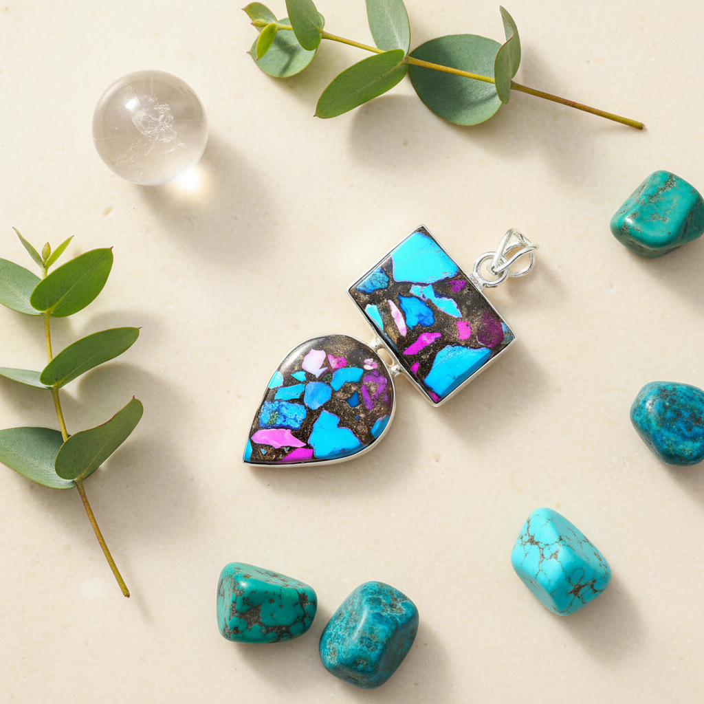 Pendentif en argent 925 avec turquoise mélangée cuivre nacrelune.com pendentif