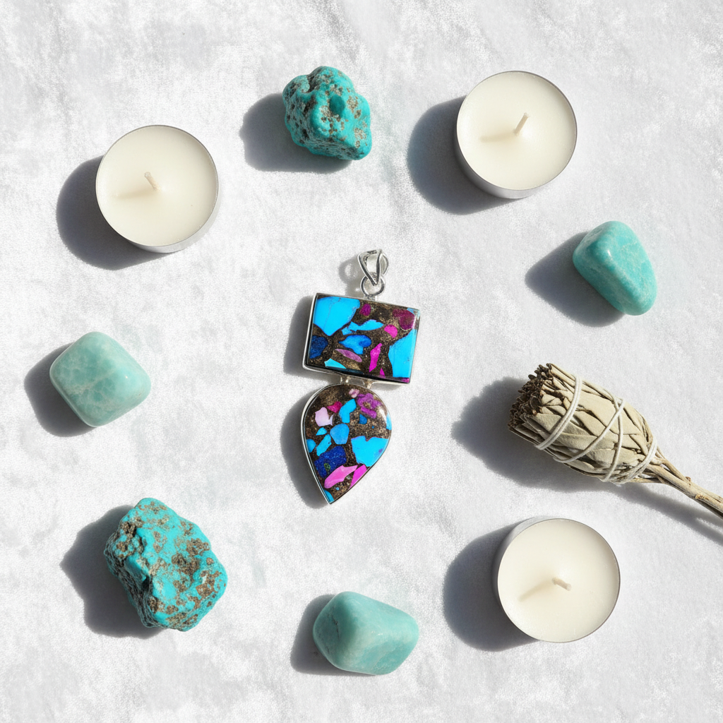 Pendentif en argent 925 avec turquoise mélangée cuivre nacrelune.com pendentif