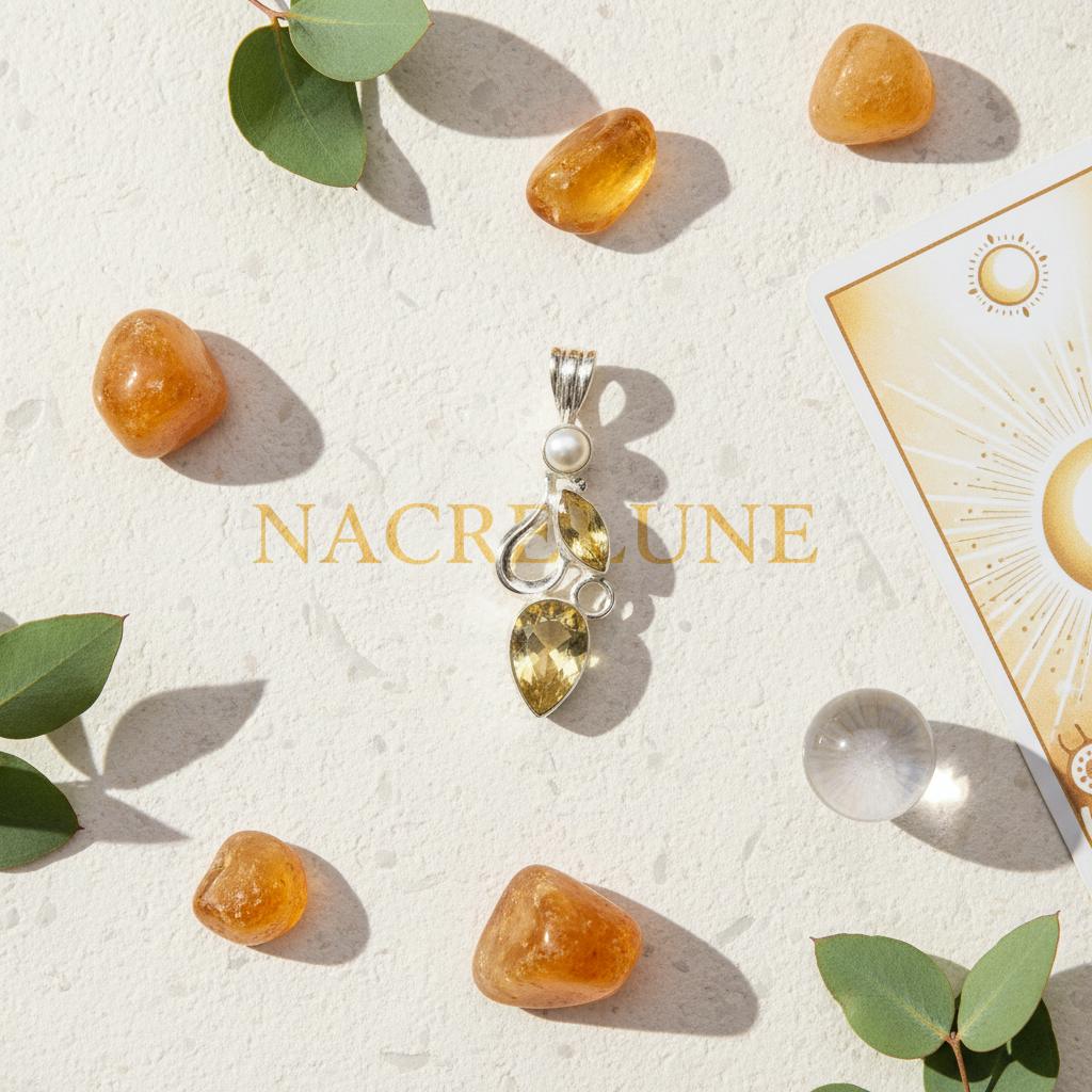 Pendentif en argent 925 avec perle et citrine taillée nacrelune.com collier