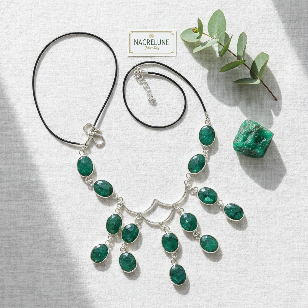 Collier en argent 925 avec émeraudes taillées sur lien de cuir nacrelune.com collier