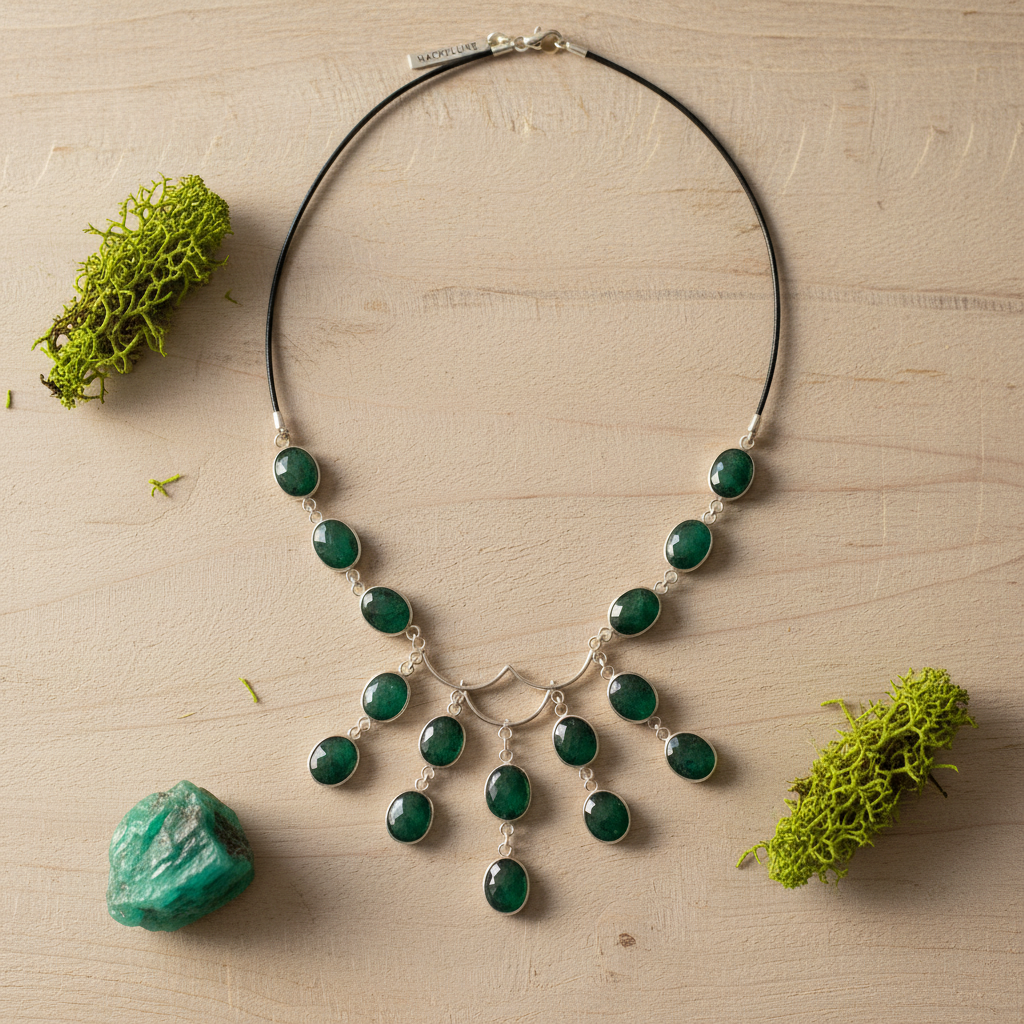 Collier en argent 925 avec émeraudes taillées sur lien de cuir nacrelune.com collier