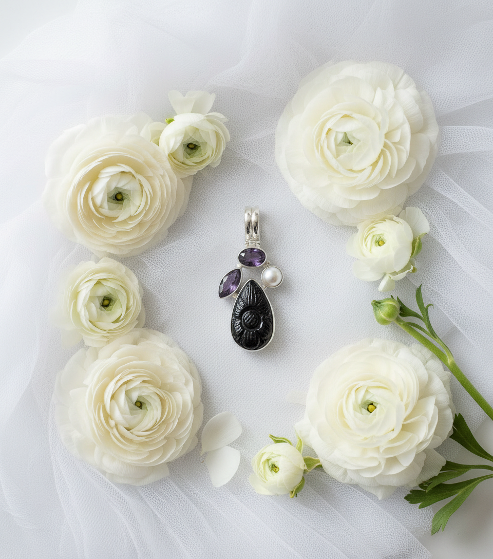 Pendentif en argent 925 avec pierres taillées serties NACRELUNE pendentif