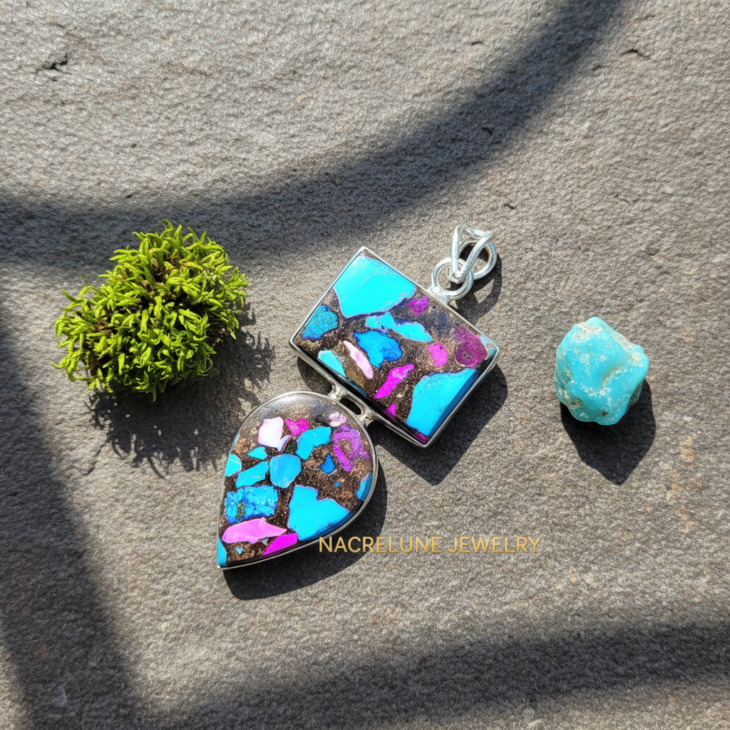 Pendentif en argent 925 avec turquoise mélangée cuivre nacrelune.com pendentif