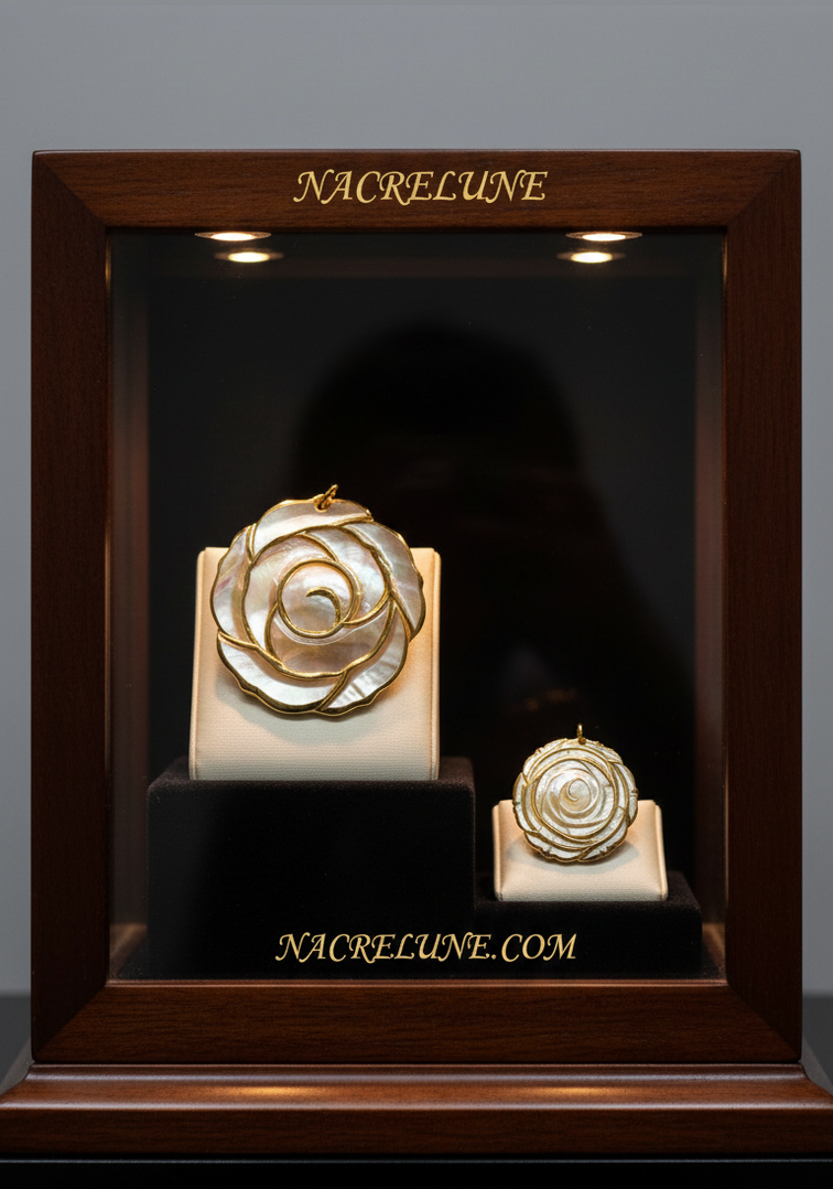 pendentif gris et or avec fleur en nacre