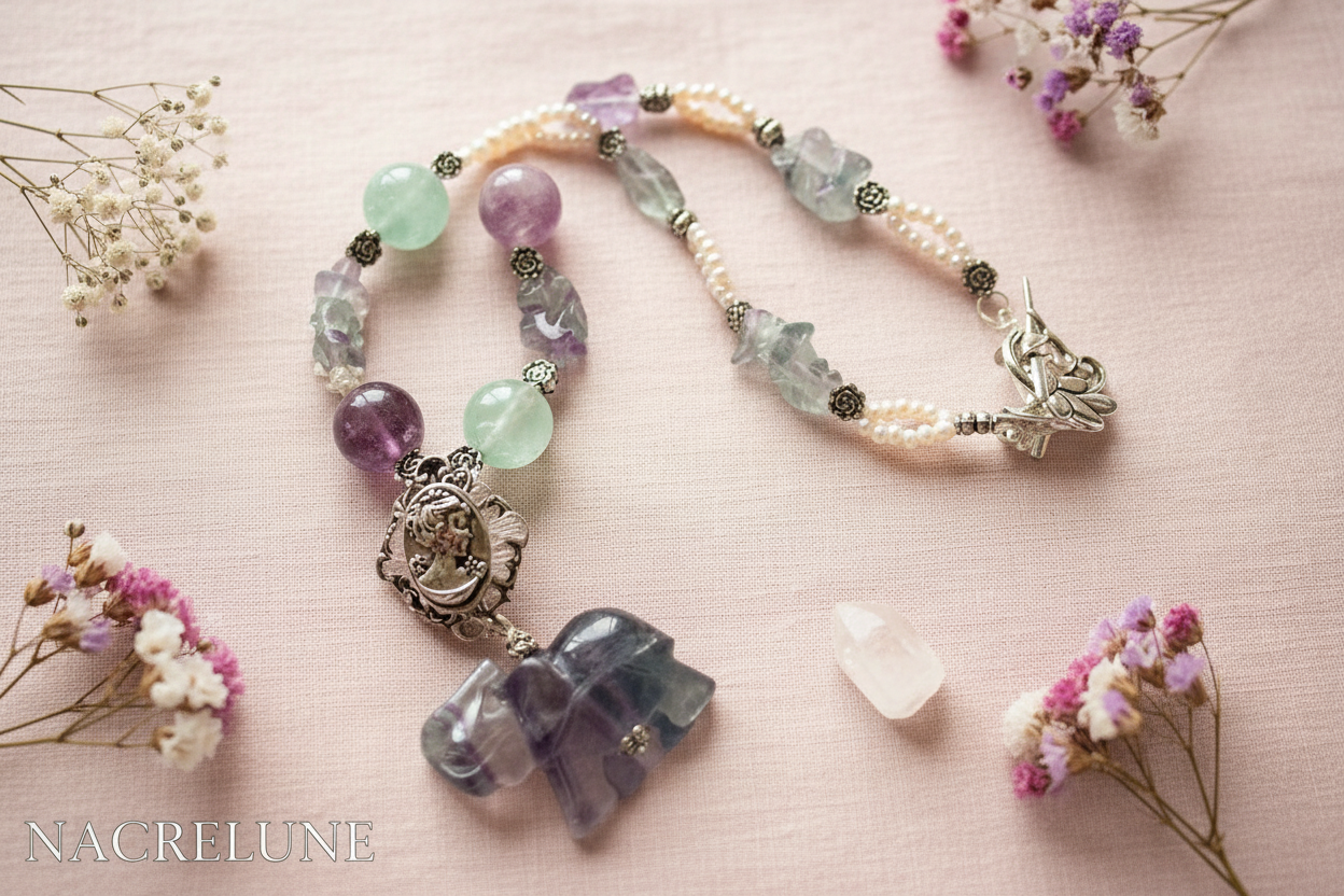 Collier en perles et elephant sculptés en fluorite naturelle et perles avec camée métal nacrelune.com collier