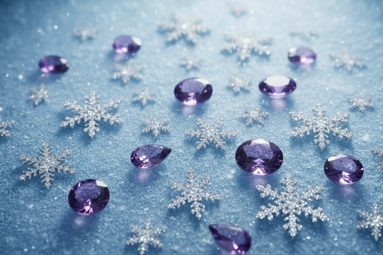Flocons diamants et améthystes sur glace givrée bleue