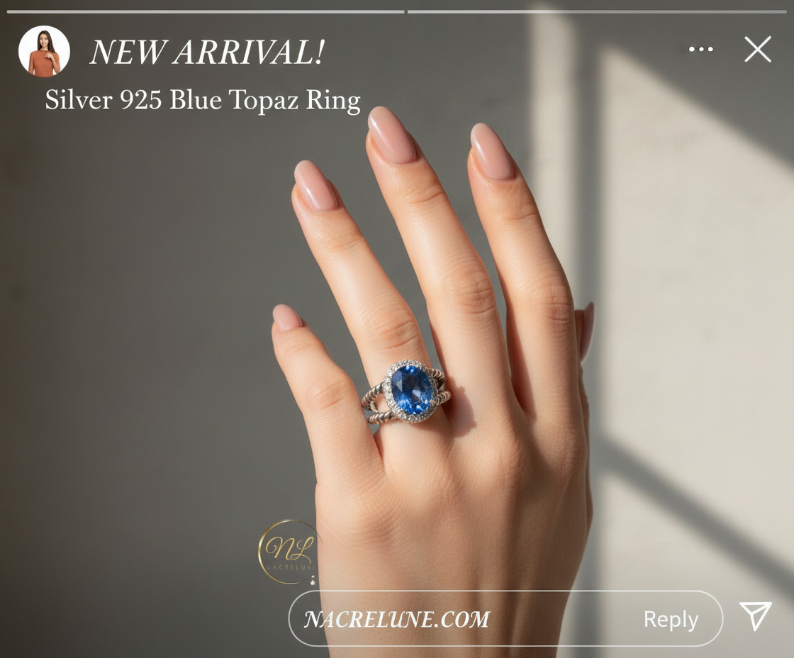 Bague en argent 925 avec topaze bleue ovale NACRELUNE Bague