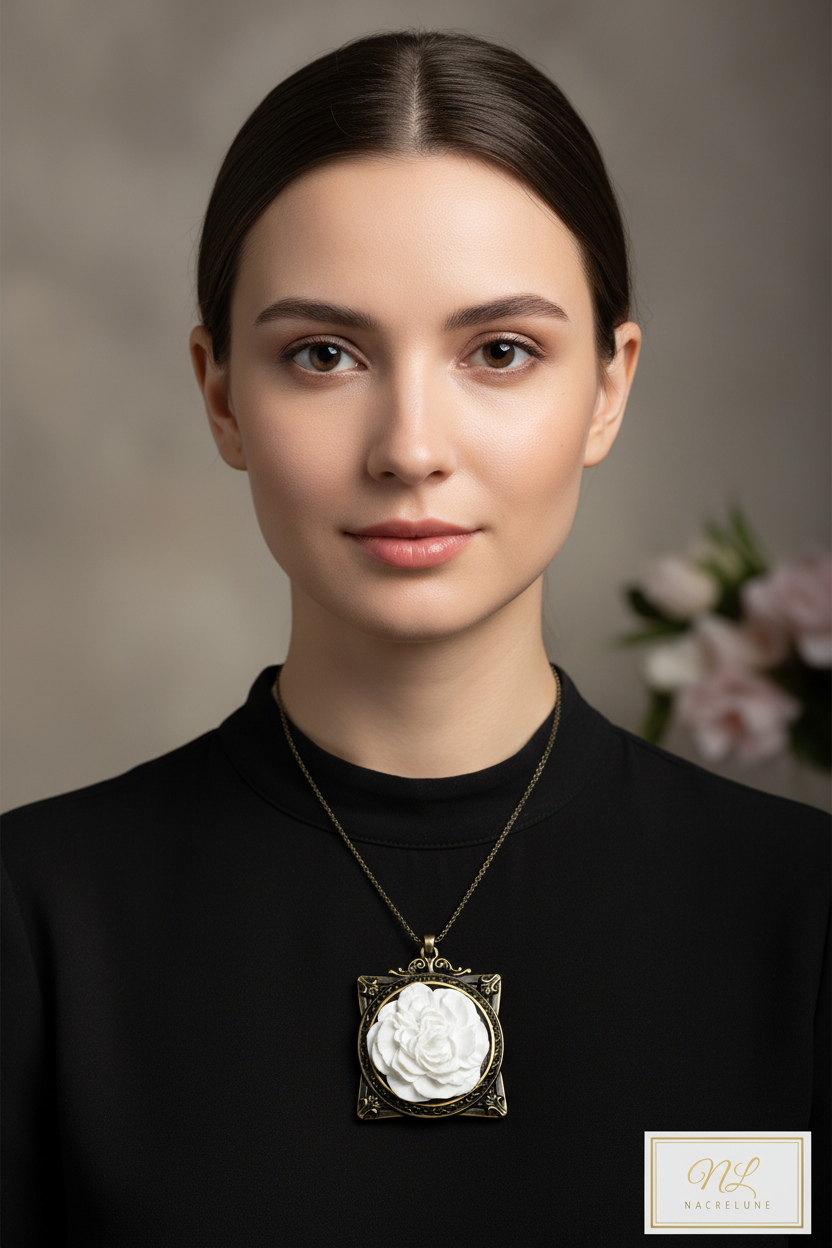 Pendentif cadre avec fleur, choisissez votre couleur nacrelune.com pendentif