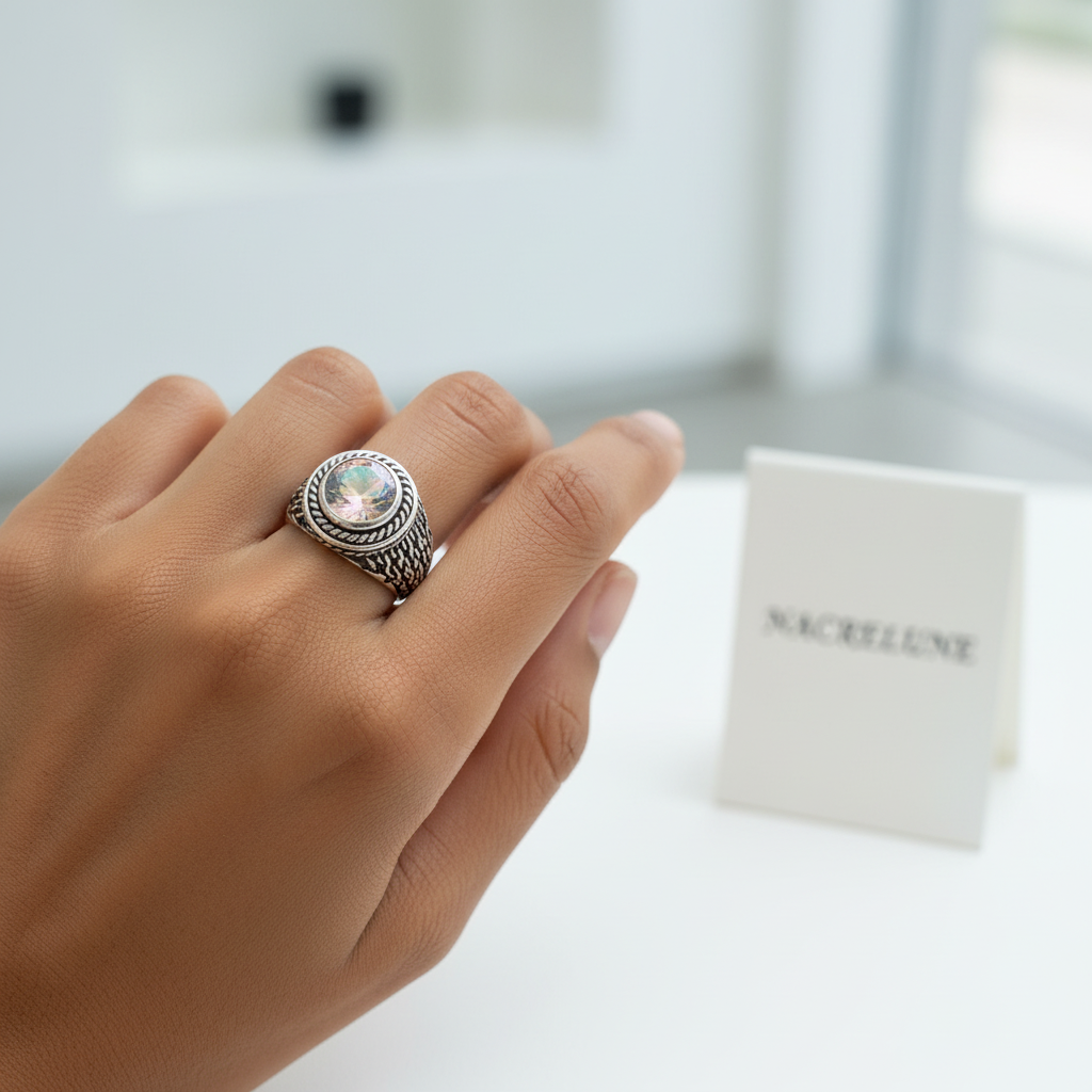 Bague en argent 925 avec topaze traitée mystique multicolore nacrelune.com Bague