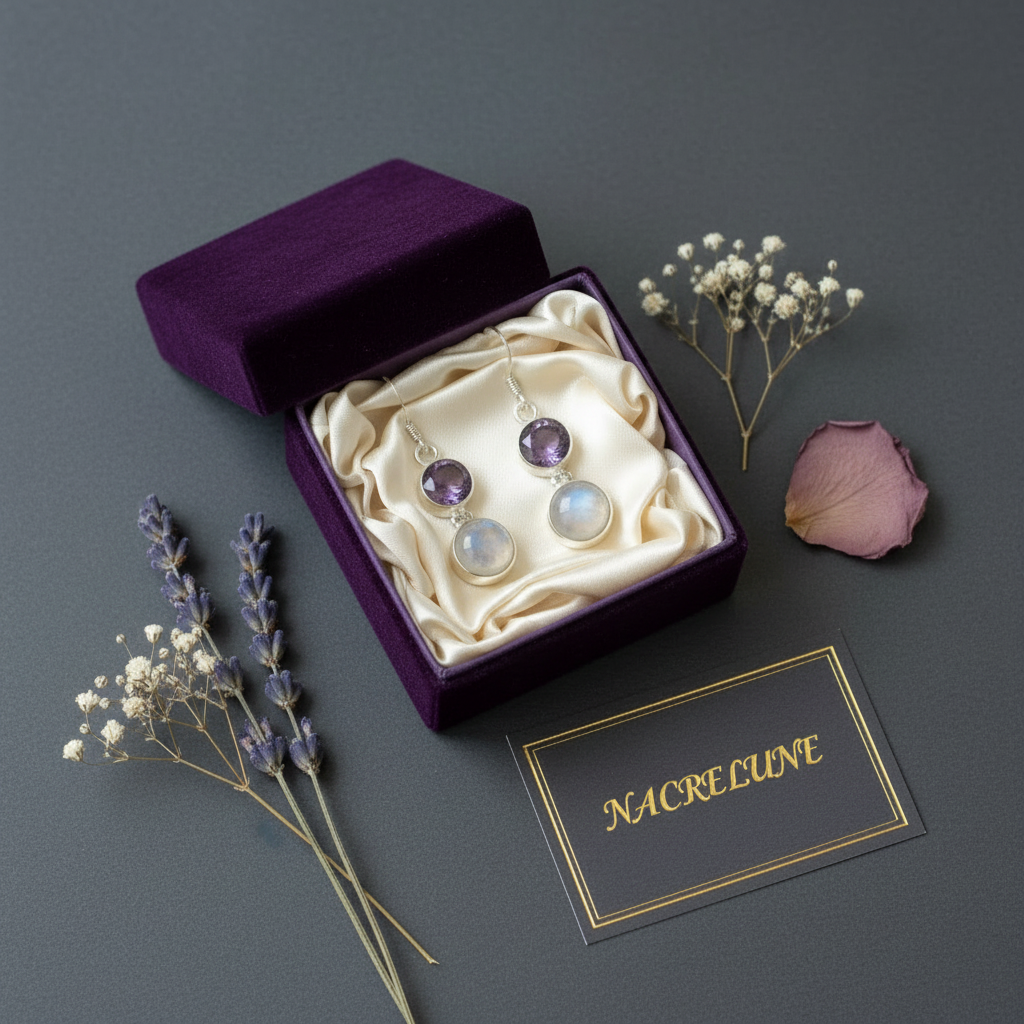 Boucles d'oreille en argent avec améthystes et pierres de lune nacrelune.com boucles d'oreille