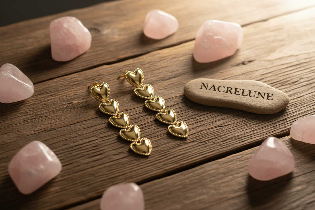 Golden heart earrings rustic presentation