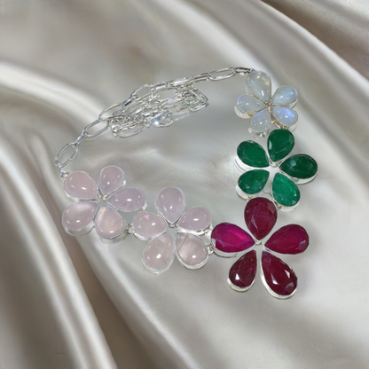 Ruby, emerald, rose quartz and moonstone silver necklace N299