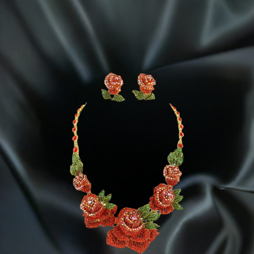 Grande parure en strass représentant des roses rouges nacrelune.com parure