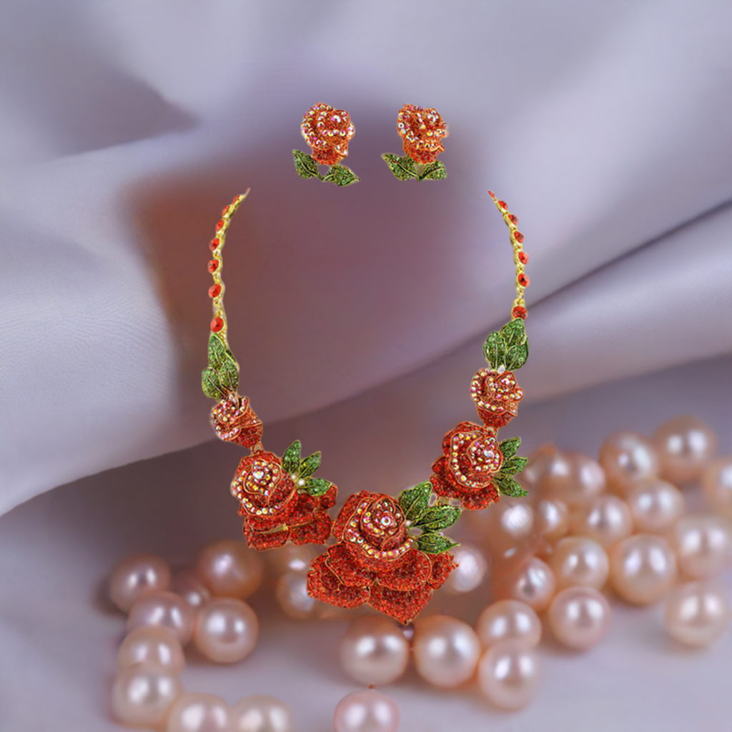 Grande parure en strass représentant des roses rouges nacrelune.com parure