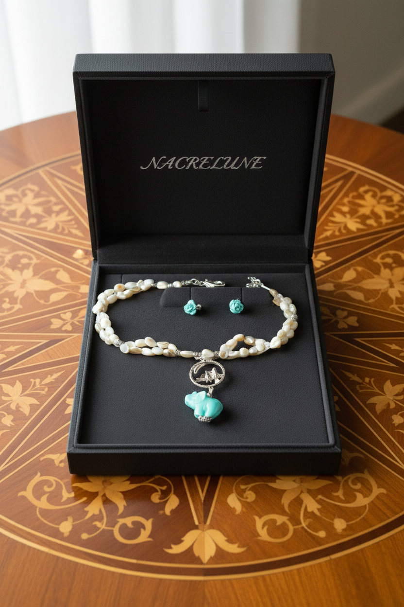 Parure en perles de nacre avec éléphant sculpté en résine turquoise NACRELUNE parure