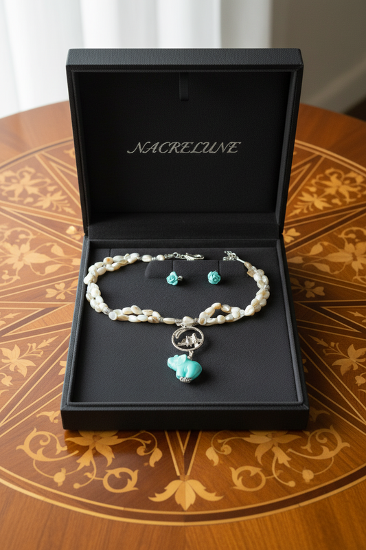 Parure en perles de nacre avec éléphant sculpté en résine turquoise NACRELUNE parure