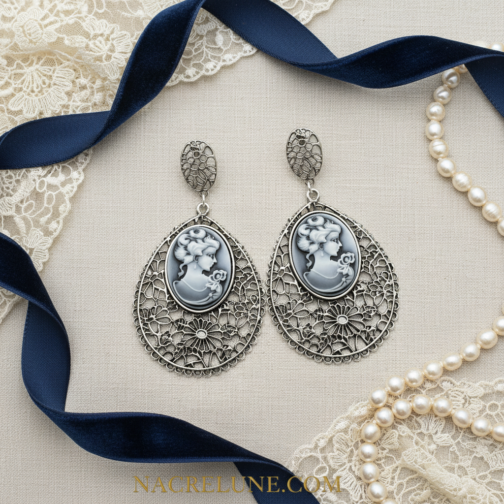 Grandes boucles d'oreille en forme de camée bleu fantaisie NACRELUNE boucles d'oreille