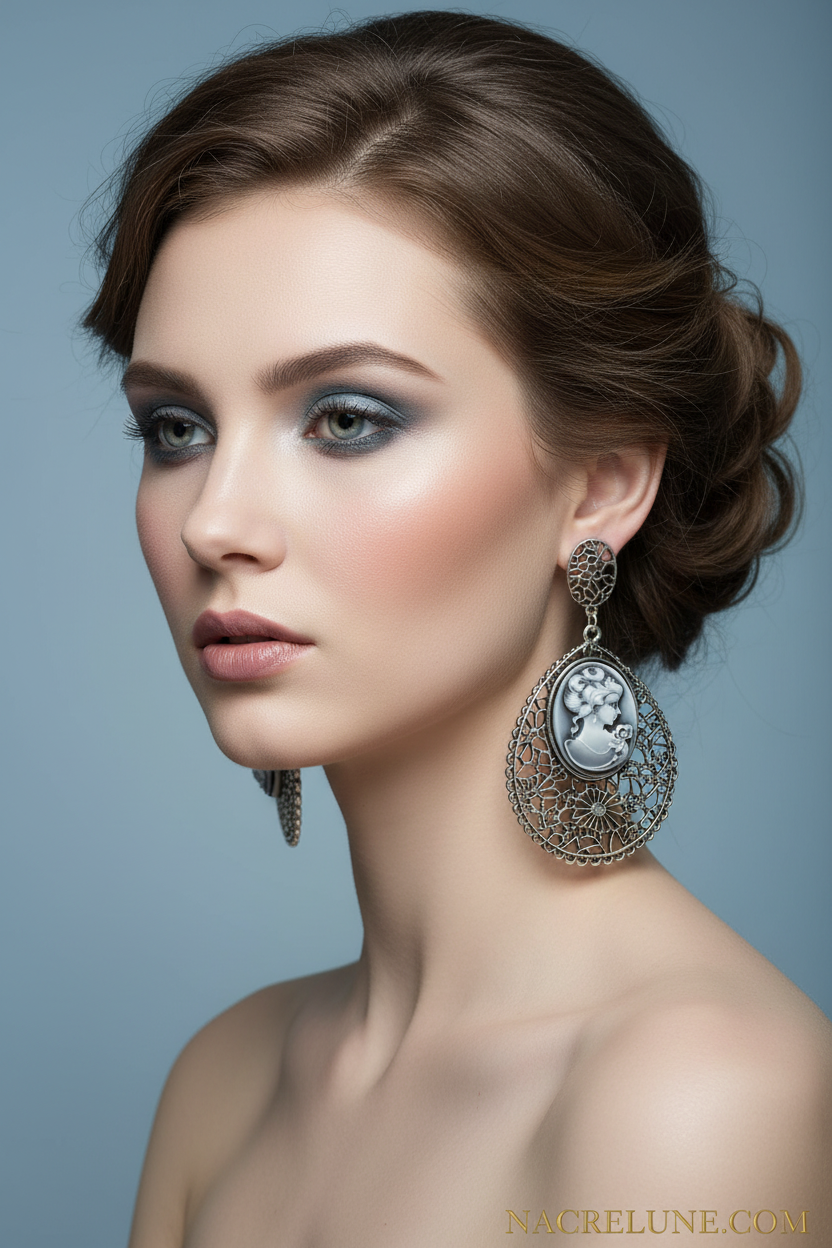 Grandes boucles d'oreille en forme de camée bleu fantaisie NACRELUNE boucles d'oreille