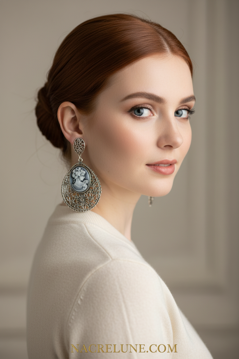 Grandes boucles d'oreille en forme de camée bleu fantaisie NACRELUNE boucles d'oreille