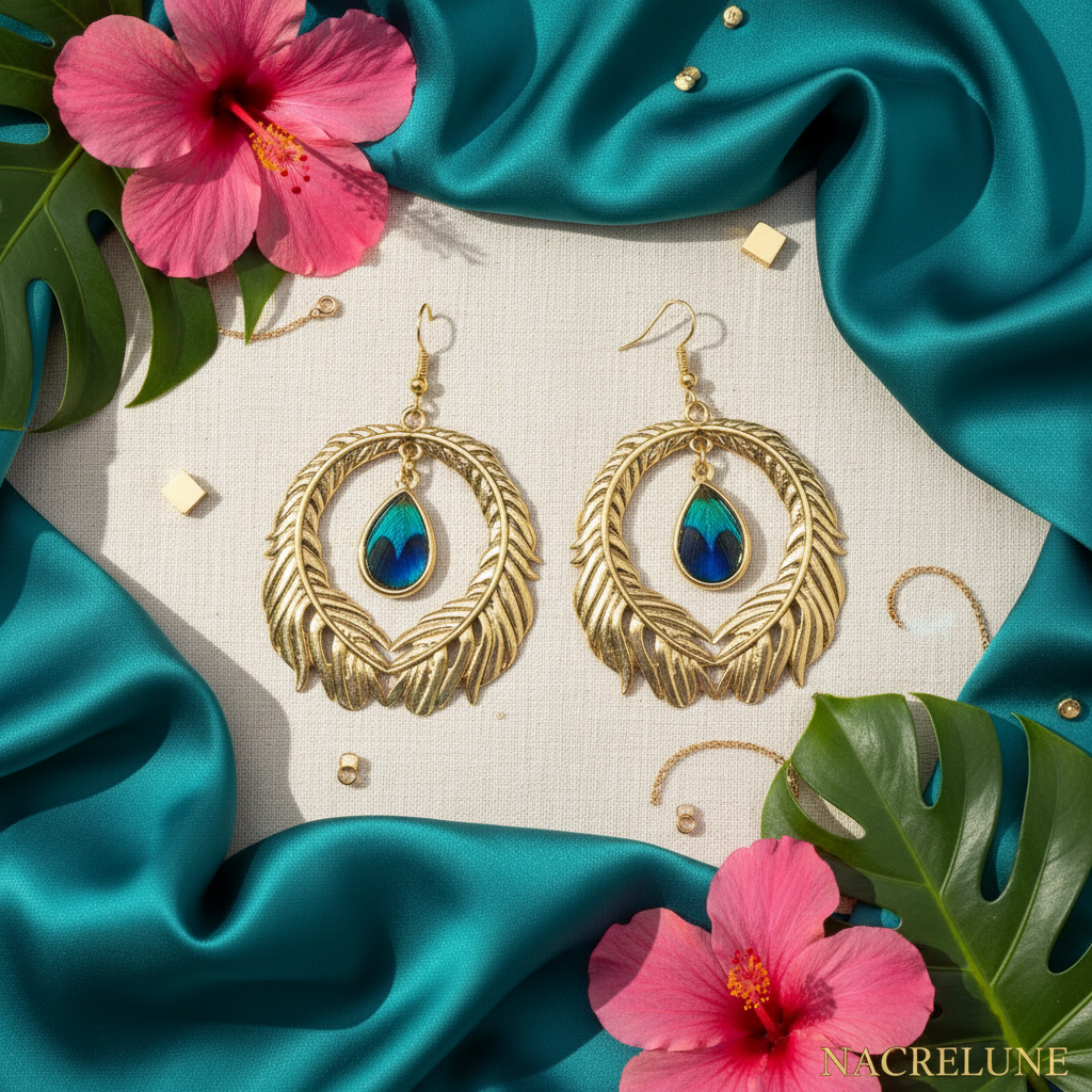 Grandes boucles d'oreille fantaisie en forme de plume de paon nacrelune.com boucles d'oreille