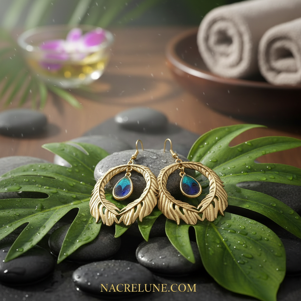 Grandes boucles d'oreille fantaisie en forme de plume de paon NACRELUNE boucles d'oreille