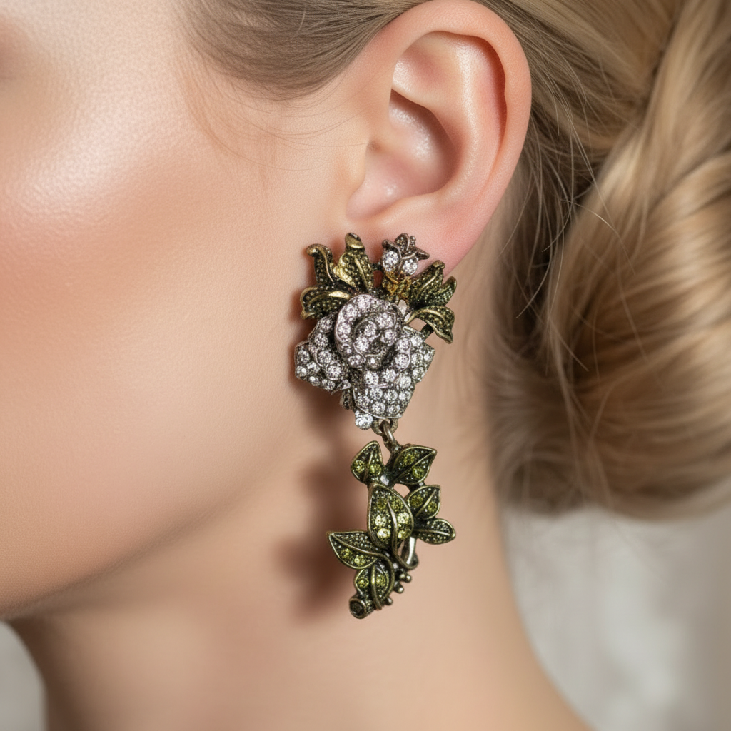 Grandes boucles d'oreille en strass en forme de roses blanches nacrelune.com boucles d'oreille